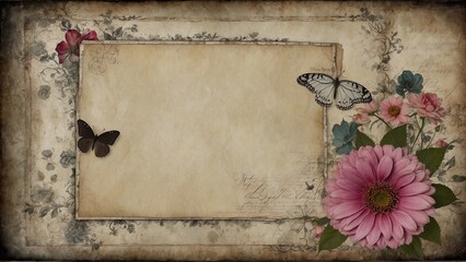 aged paper with pustic notes flowers and buterflys, vintage background with copy space