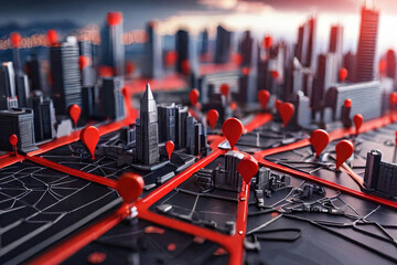 City destination pinpointed. Red map pin in cityscape with network connection, illustrating destination and connectivity concept.