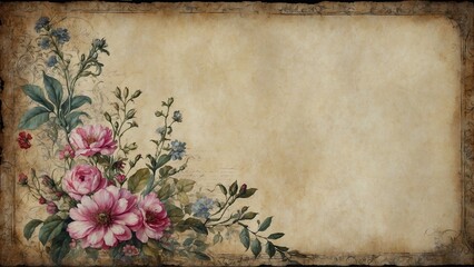 aged paper with pustic notes flowers, vintage background