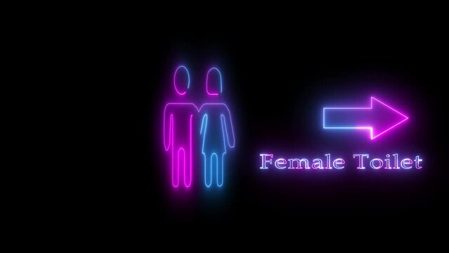 Female toilet or restroom sign on a black background. Colorful neon light glowing icon lady female.