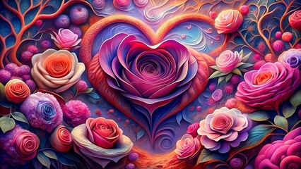 Purple heart flower composition, fantasy Valentine's card concept, retro surreal flowers