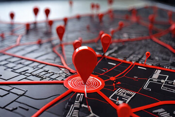 City destination pinpointed. Red map pin in cityscape with network connection, illustrating...