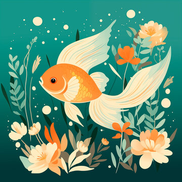 Illustration with a cute gold fish, yellow and pink flowers, seaweed on a green  background, Ideal for the design of cards, posters, wallpapers, prints on mugs, pillows, bags, packaging