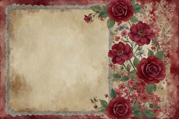 vintage red watercolour frame with wildflowers on aged paper, copy space, perfect for invitation cards and greetings