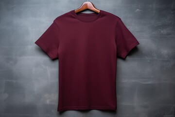 Burgundy t shirt is seen against a gray wall