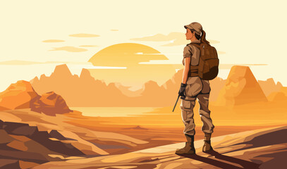 woman soldier in desert isolated vector style with transparent background illustration