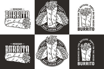Monochrome burrito set mexican food vector with meat and vegetable for logo or emblem. Traditional burritos latin fast food collection