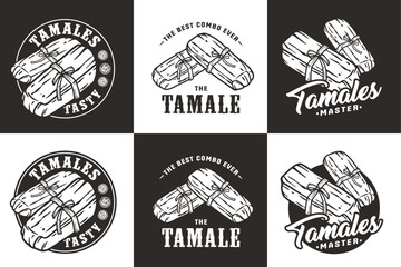Monochrome mexico tamale set vector with corn leaves for logo or emblem. Latin traditional tamales collection for restaurant or cafe of Mexico fast food