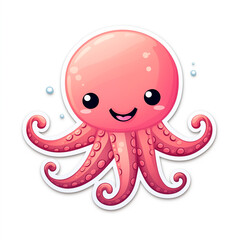 Illustration with a cute pink octopus,  on a white background,  bright pink and red palette. Ideal for the design of cards, posters, stickers, wallpapers, prints on mugs, pillows, bags, packaging