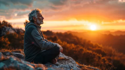 Poster Man Contemplating Sunset on Mountain. Generative AI © Mihai Zaharia