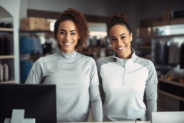 Fototapeta na wymiar Two smiling women in sportswear at a store
