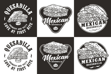 Monochrome mexican quesadilla set vector with cheese and vegetable for logo or emblem. Latin traditional mexican fast food. Quesadillas Mexico food with tortilla and meat for poster or print