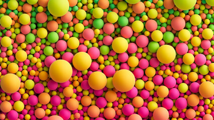 Colorful matte soft balls background in bright summer tones and different sizes for kids zone or children's playroom. Top view of huge pile of chaotic colorful balls or bubbles. Vector background