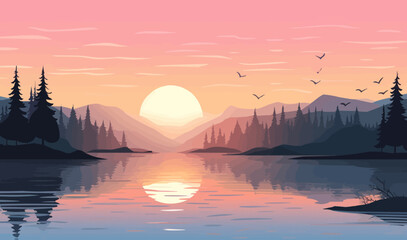 sunrise lake vector flat minimalistic isolated illustration - obrazy, fototapety, plakaty