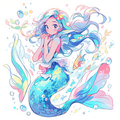 Obraz na płótnie Canvas the mermaid princess on the sea anime art cartoon loli mermaid sky, AI Generetive