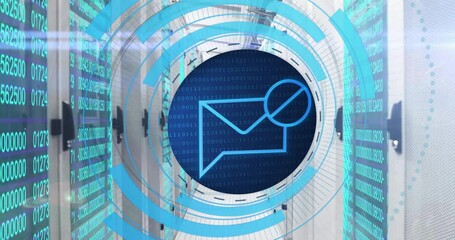 Animation of circular scanner processing blocked mail message data over network server room - Powered by Adobe