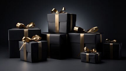 Black arranged gifts boxes with a black ribbon and bow on black background