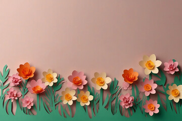 Paper flowers on pastel background, 3d rendering. Computer digital drawing.