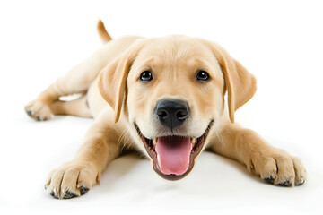 A beautiful dog with tongue out on a light background.