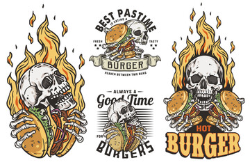 Burger vector set with burning skeleton with burgers in hands. Skull, fire and bones for logo, emblem, print of American food. Hamburger collection for restaurant or cafe