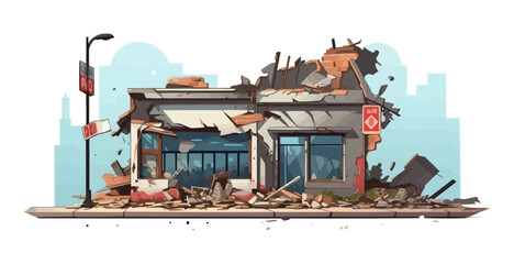 destroyed shop demolished building vector flat isolated illustration