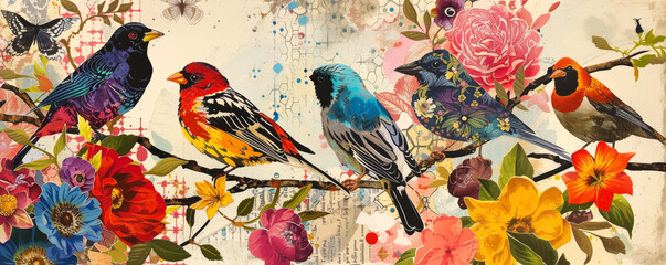 Art collage. Birds in the jungle. Wildlife panorama