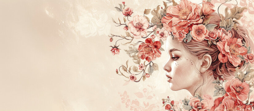 Beautiful banner with woman and spring flowers Mother's day concept © bit24