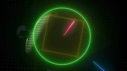 Animation of colourful circle, triangle and square scanning tennis ball bouncing off racket on black - Powered by Adobe