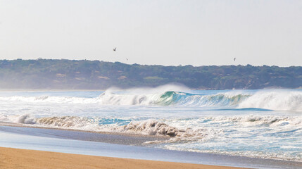 Extremely huge big surfer waves beach La Punta Zicatela Mexico.