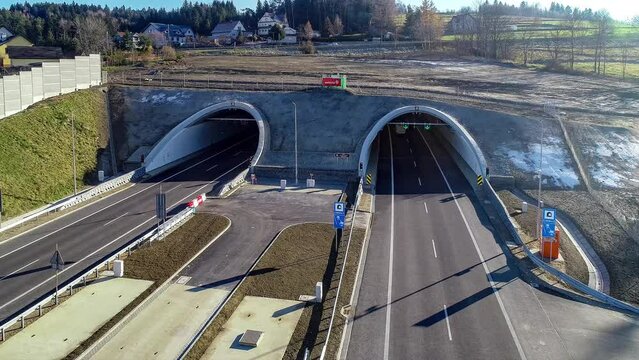 Newly opened tunnel on Zakopianka highway in Poland in November 2022. The tunnel is 2 over km long and makes travel from Krakow to Zakopane, Podhale region and Slovakia much faster. Old road above