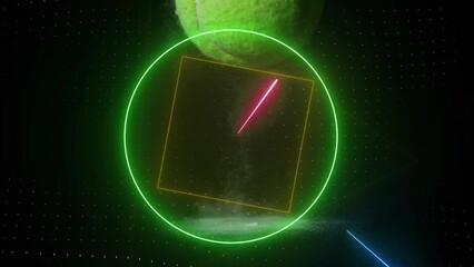 Animation of colourful circle, triangle and square scanning tennis ball bouncing on racket on black - Powered by Adobe