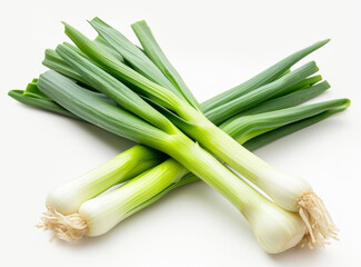 Bouquet of fresh green leeks with white bulbs and bright stems, isolated on a white background.