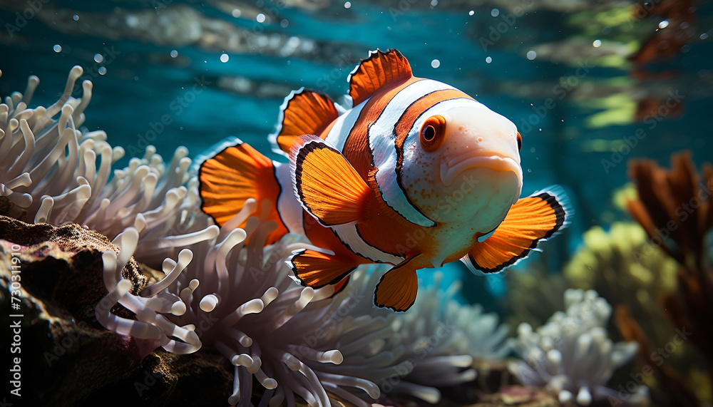 Wall mural Clown fish swimming in vibrant reef, showcasing natural beauty generated by AI