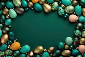 Emerald background with colorful easter eggs round frame texture