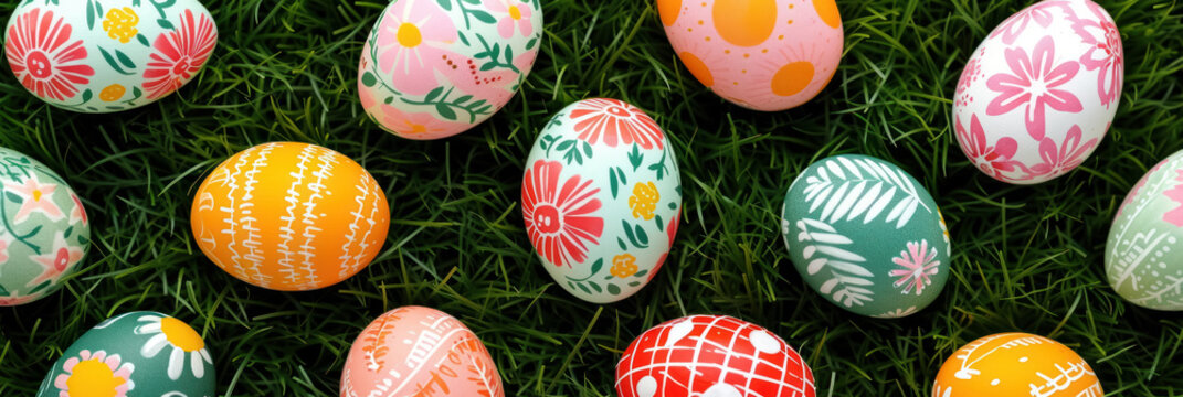 assorted easter eggs with intricate patterns and floral motifs on lush grass