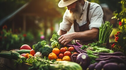 Selected fresh vegetables for health. Anonymous chef harvesting fresh vegetables on a organic vegetable farm, concept of healthy food, copy space - obrazy, fototapety, plakaty
