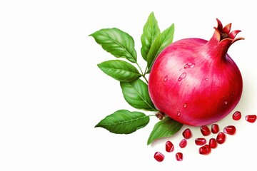 Pomegranate with leaves and seeds isolated on white