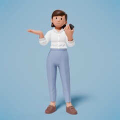 3d woman character holding the cellphone while raising and opening the right hand