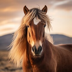 Frontal portrait of a brown horse or mare