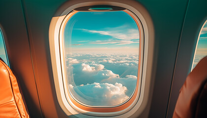 Looking through airplane window, flying high in the sky generated by AI