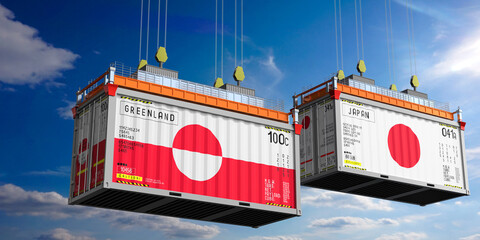 Shipping containers with flags of Greenland and Japan - 3D illustration
