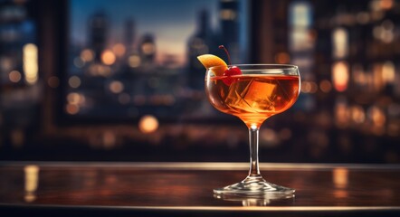 Manhattan cocktail with orange slice and cherry