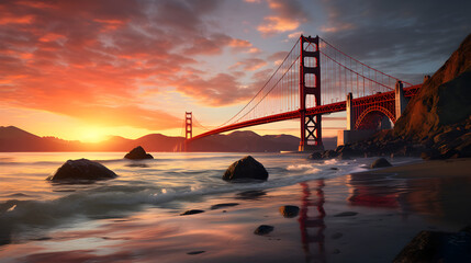 golden gate bridge at sunset,,
Golden Gate Bridge panorama San Francisco California with orange clouds
