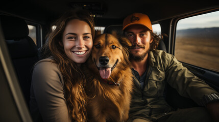 Happy couple with their puppy on a vacation roadtrip
