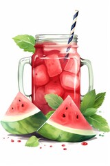 Watermelon smoothie with ice cubes and mint