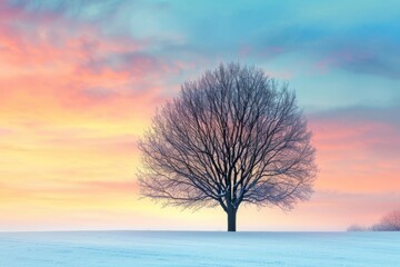Solitary Majesty: A Lone Tree Amidst the Winter Landscape, Adorned by the Splendor of the Sky generative ai