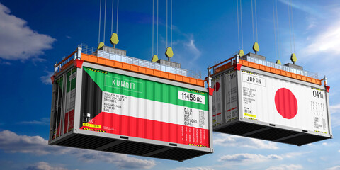 Shipping containers with flags of Kuwait and Japan - 3D illustration
