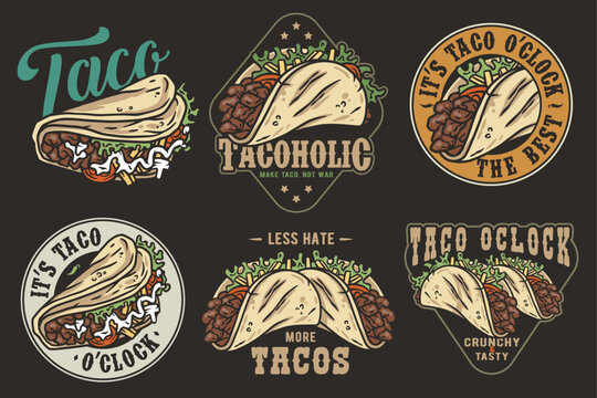 Mexican taco set vector with meat and vegetable for logo or emblem. Latin traditional taco collection for restaurant or cafe of Mexico fast food