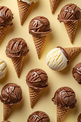 Chocolate scoops of cold and delicious ice cream pattern on a pastel color background. Summer refreshing concept.