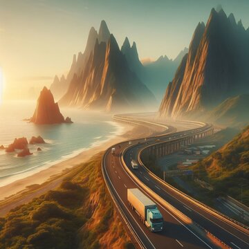 A Truck Carrying Goods On A Coastal Highway Surrounded By Gigantic Mountains, Hd, 4k, Sunset In The Mountains